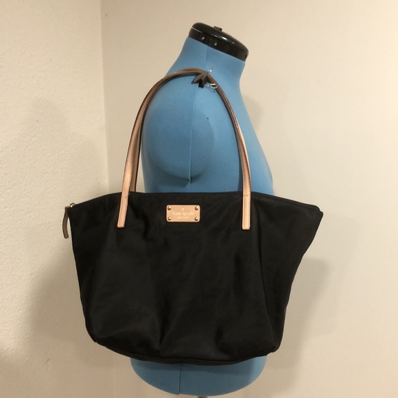 Kate Spade black nylon tote bag with pink/beige leather trim and polkadot inside - Picture 10 of 11
